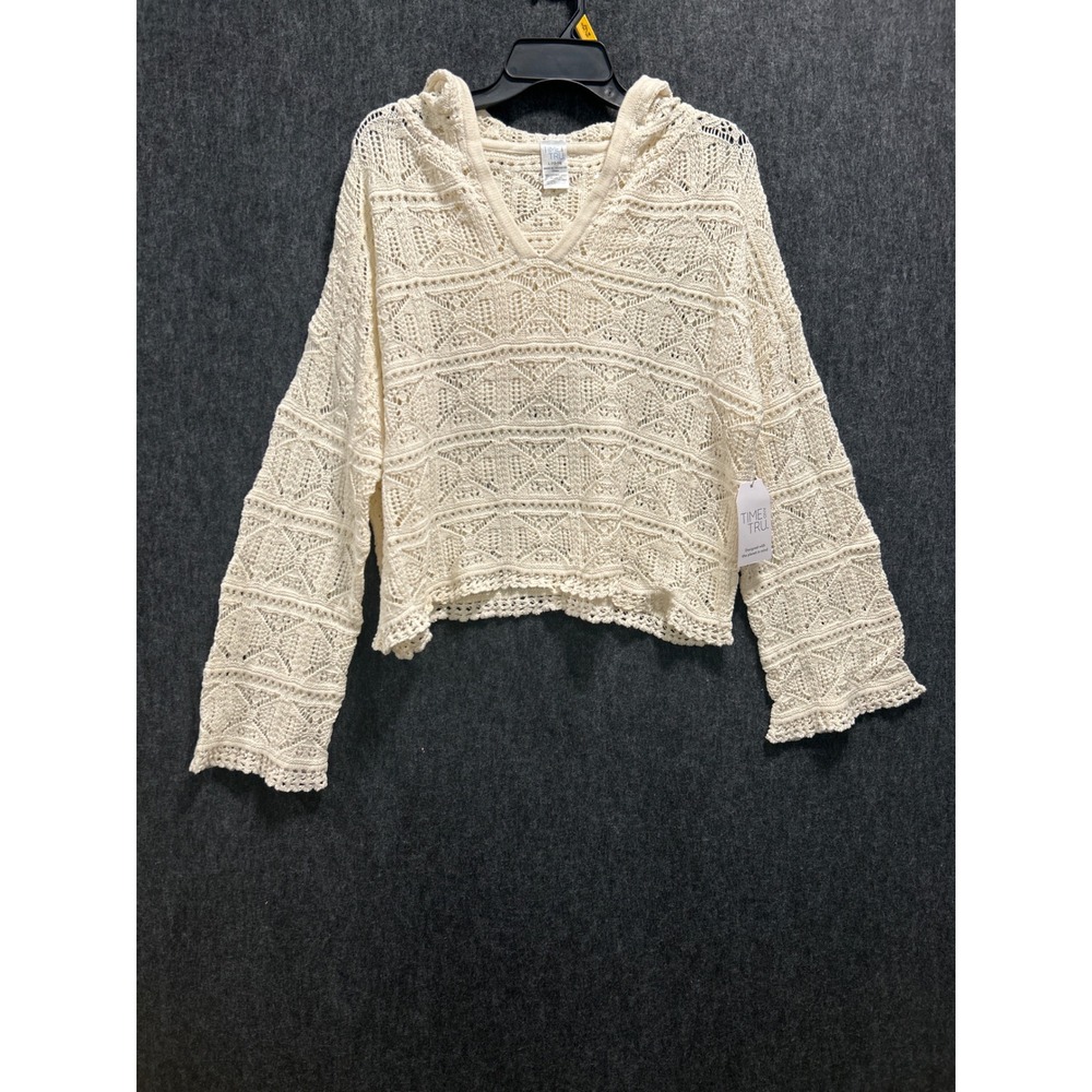 Time and Tru Crochet Hoodie Women L 12-14 Cream Boho Open Knit V-Neck Top